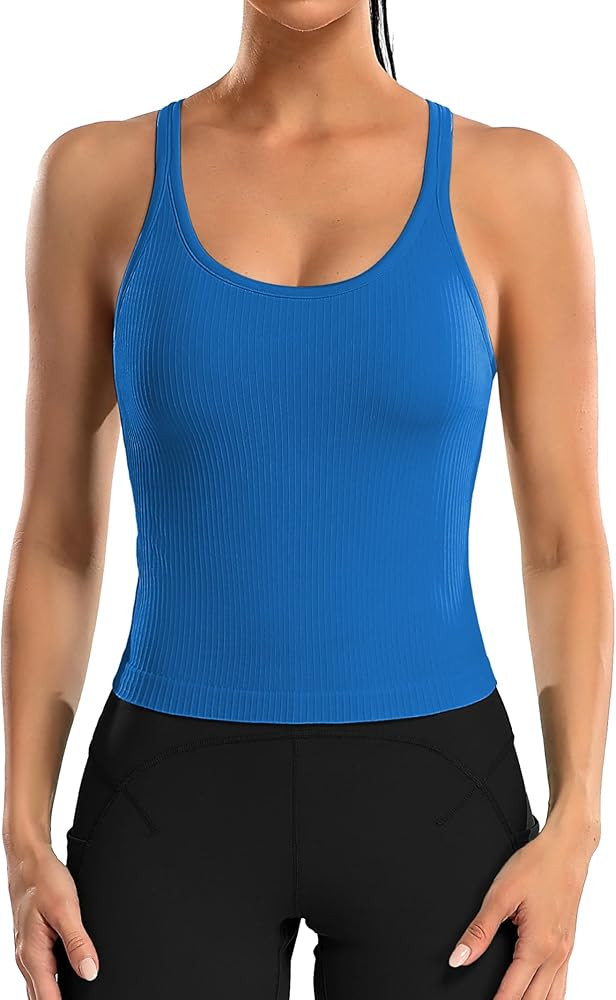 ATTRACO Women Ribbed Workout Crop Tops with Built in Bra Yoga Racerback Tank Top Tight Fit | Amazon (US)