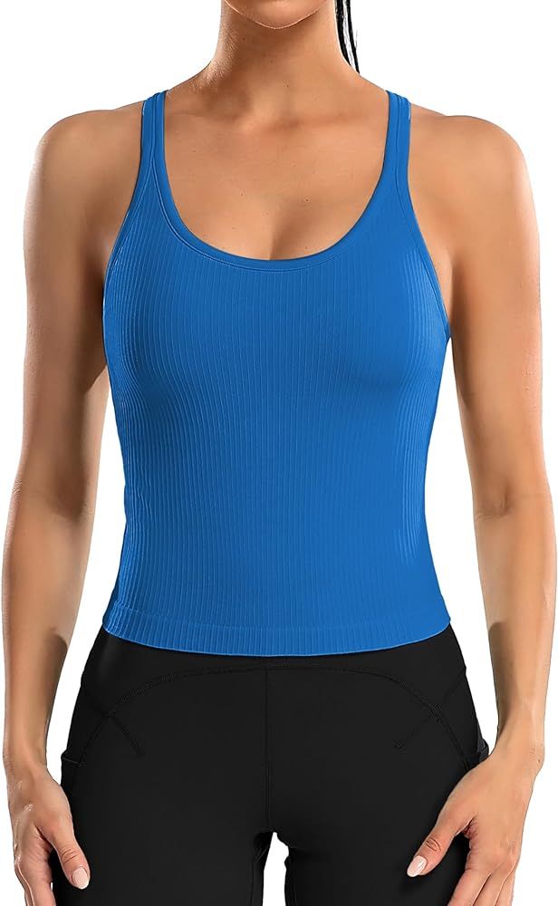 ATTRACO Women Ribbed Workout Crop Tops with Built in Bra Yoga Racerback Tank Top Tight Fit | Amazon (US)