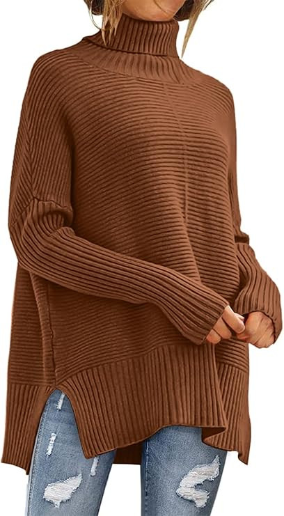ANRABESS Women Oversized Turtleneck Long Batwing Sleeve Split Hem Pullover Knit Tunic Sweater Out... | Amazon (US)