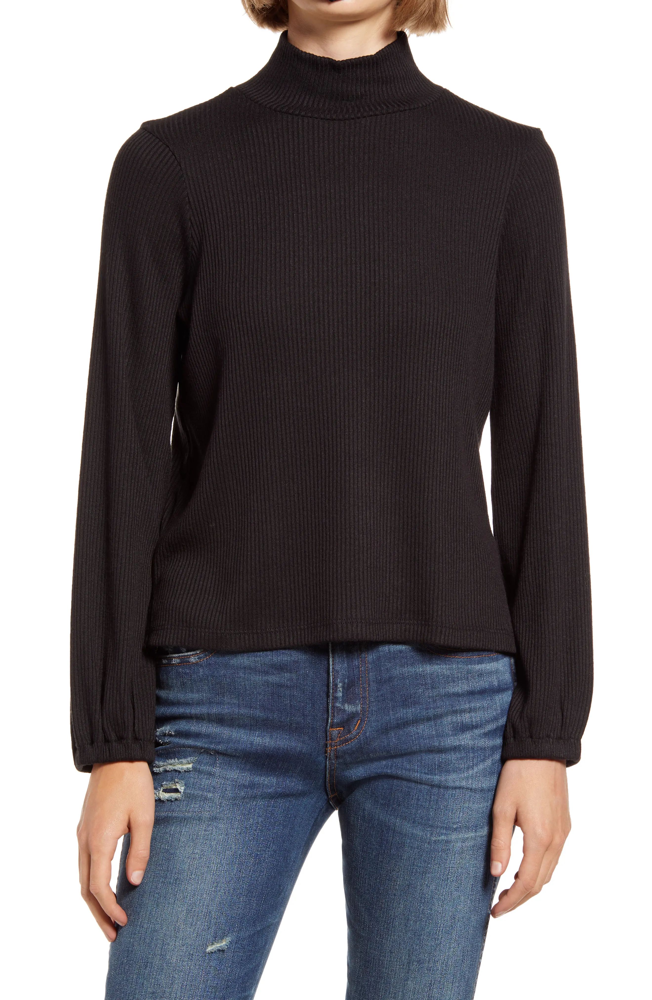 Women's Madewell Mock Neck Bubble-Sleeve Top, Size X-Small - Black | Nordstrom