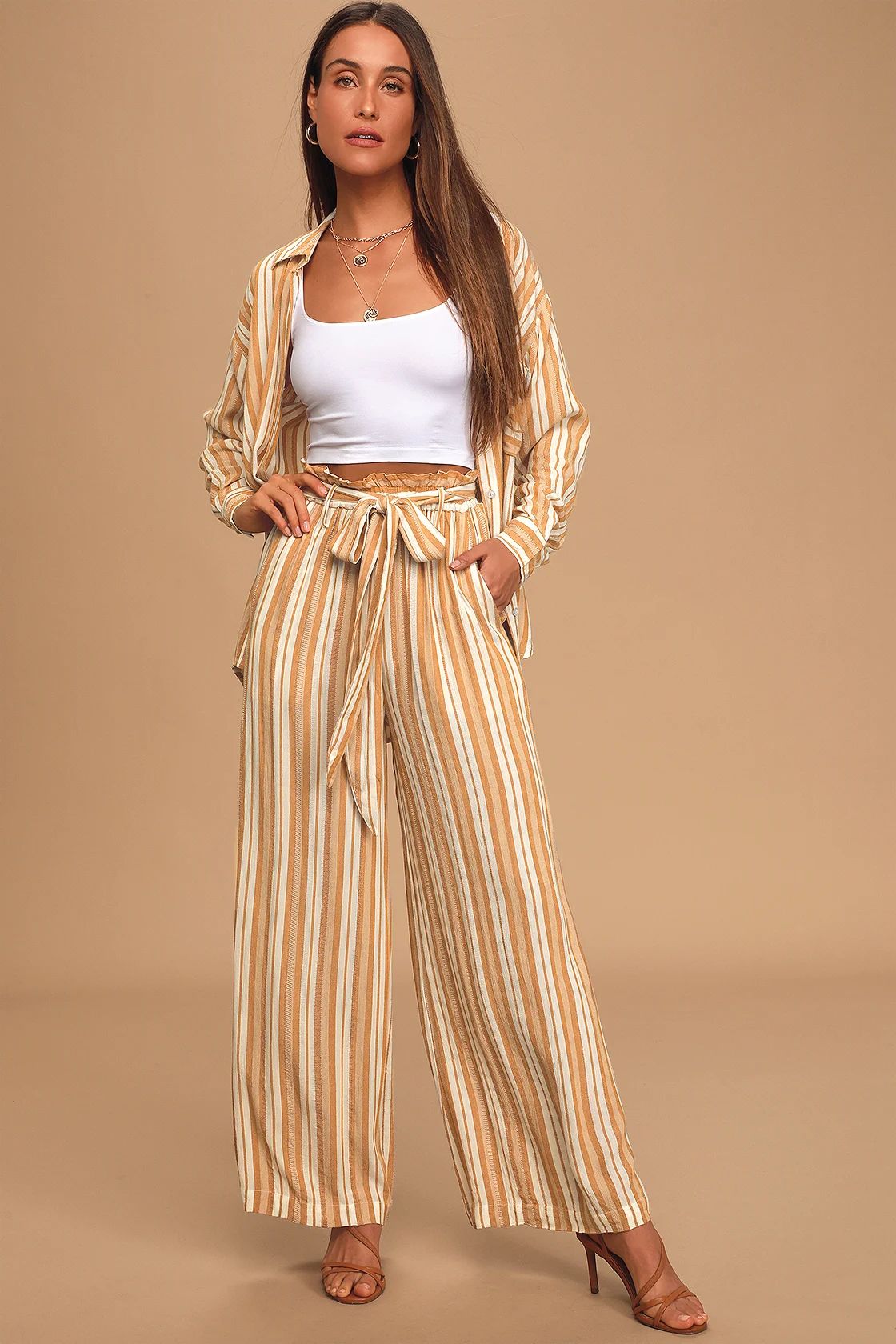 Tour The Sands Cream Striped Wide-Leg Belted Pants | Lulus