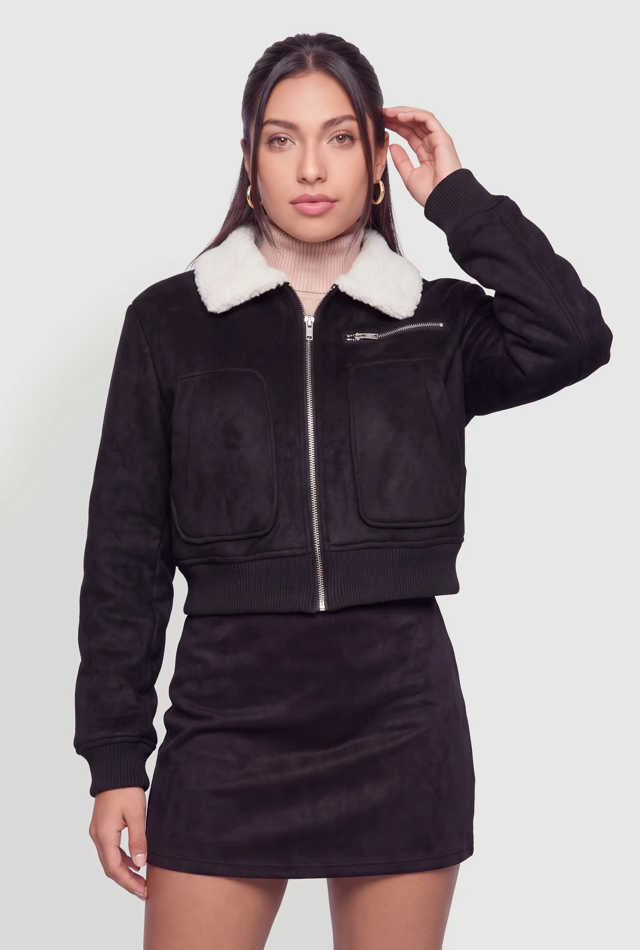 Contrast Sherpa Trim Faux Suede Zip Front Bomber Jacket | Rainbow Shops