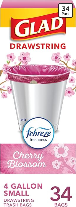Glad Small Trash Bags 4 Gallon, Febreze Cherry Blossom Garbage Bags, Odor Resistant with Drawstri... | Amazon (US)