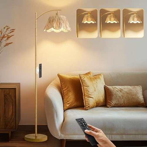 Oneach Arc Floor Lamp for Living Room with 3 Color Temperatures, Rattan Boho Floor Lamp with Remo... | Amazon (US)