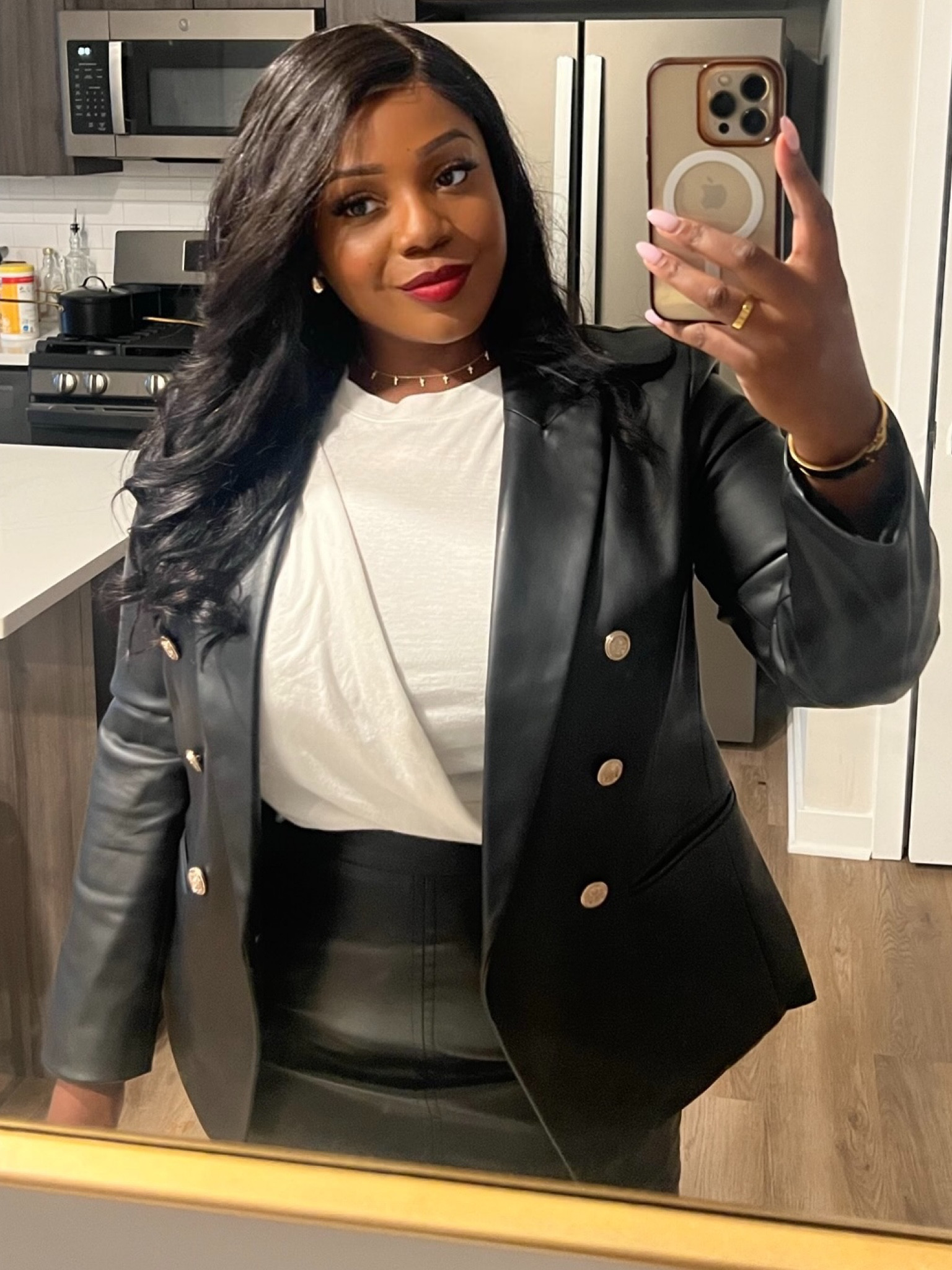 Work OOTD: Vegan Leather double breasted blazer and leather pencil skirt. 