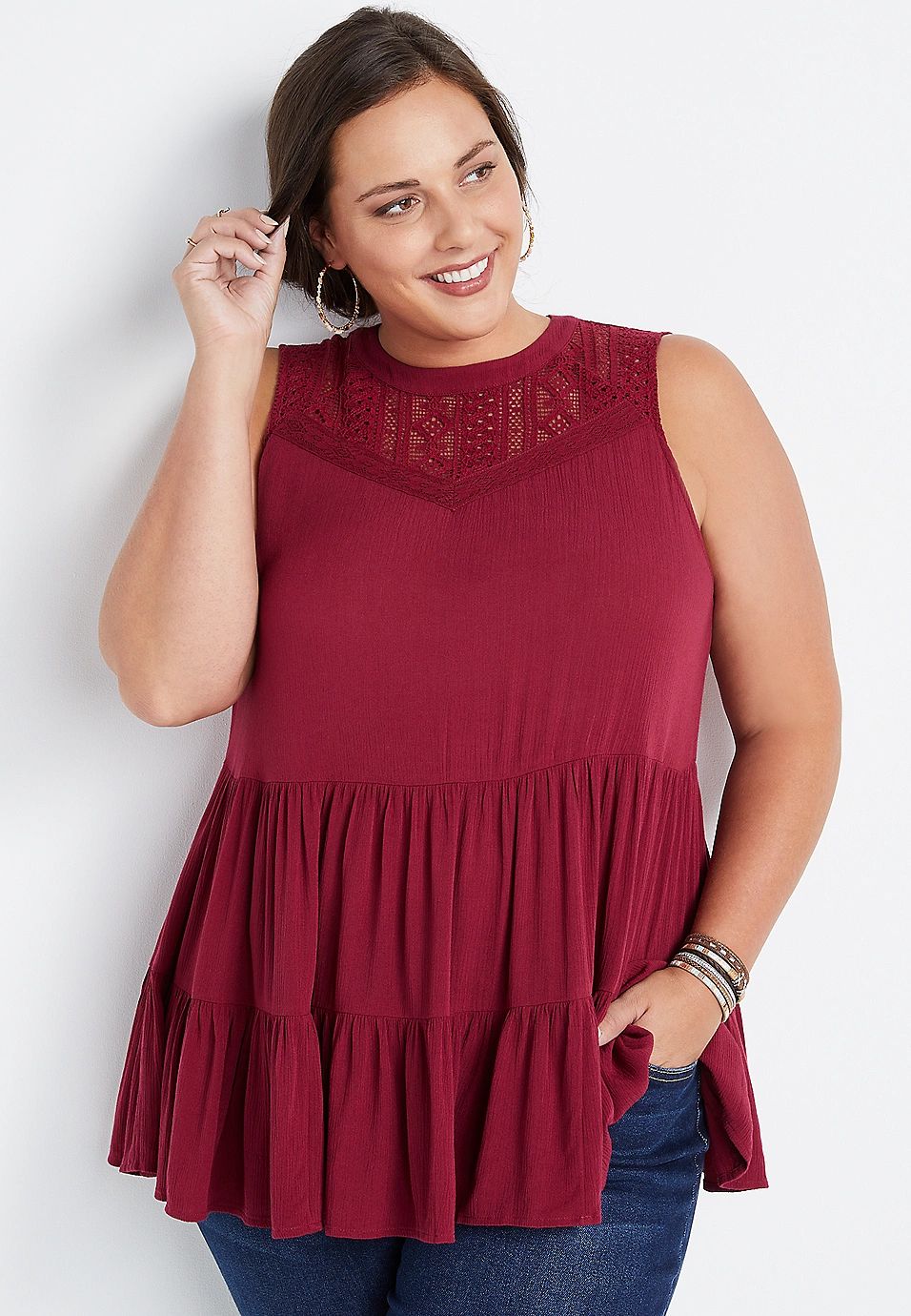 Plus Size Red Lace Babydoll Tank Top | Maurices
