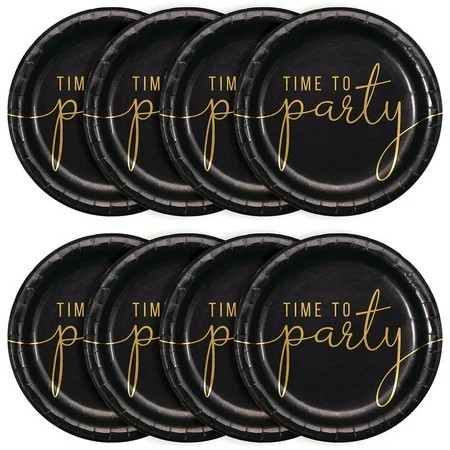 Time to Party Disposable Paper Plates, 9", Gold/Black, 8 Count, by Way To Celebrate | Walmart (US)