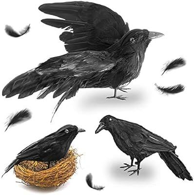 FUTUREPLUSX Black Crows Halloween, 3PCS Fake Crow with Bird's Nest Handmade Artificial Crow Feath... | Amazon (US)