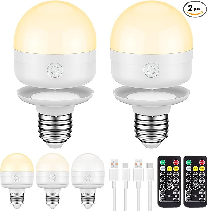 SCOPOW 2Packs E26 Rechargeable Light Bulbs with Remote Control Timer and 3 Color Temperature 350L... | Amazon (US)