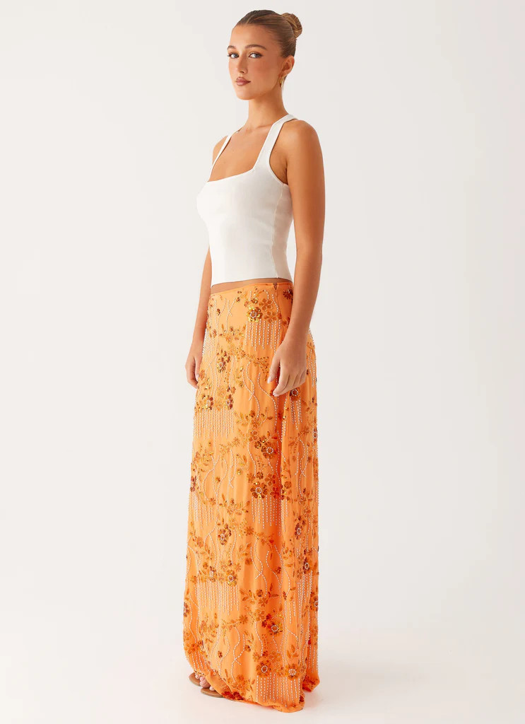 Corinna Low Rise Sequin Maxi Skirt - Orange | Peppermayo (Global)