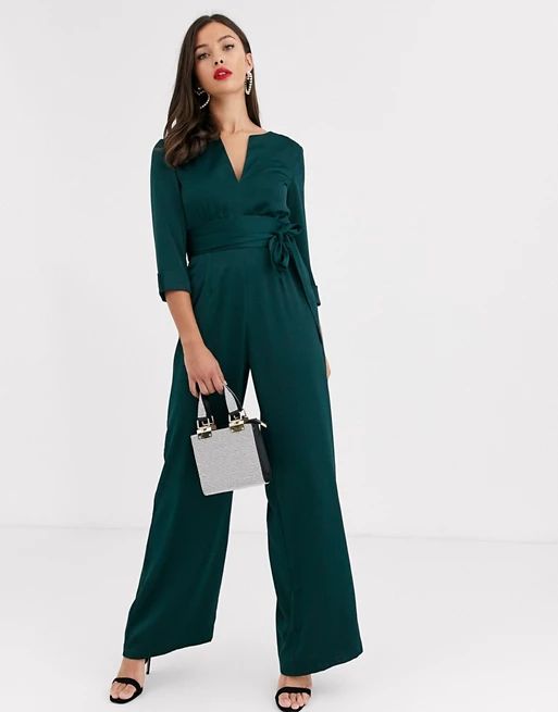 Paper Dolls satin plunge jumpsuit with tie waist in bottle green | ASOS US