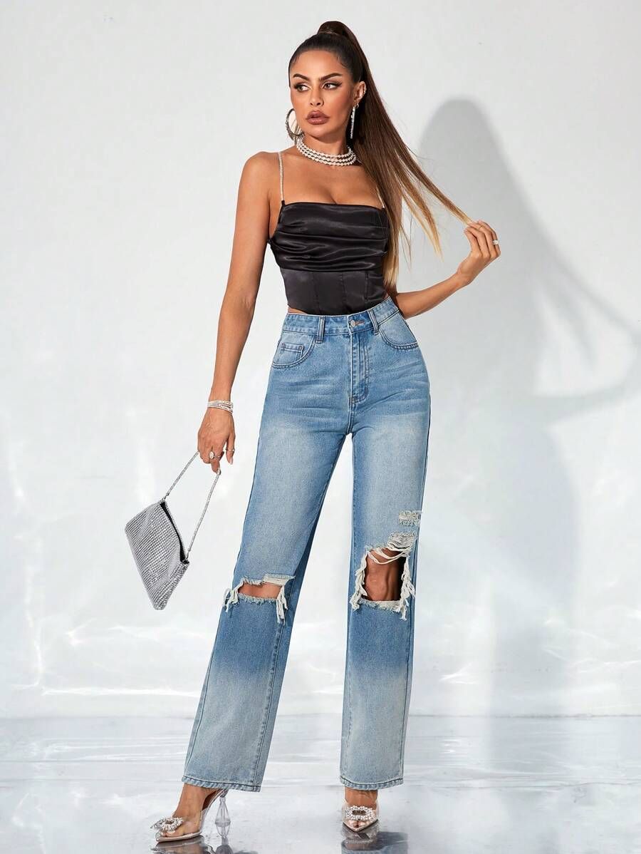 SHEIN High Waist Ripped Straight Leg Jeans | SHEIN