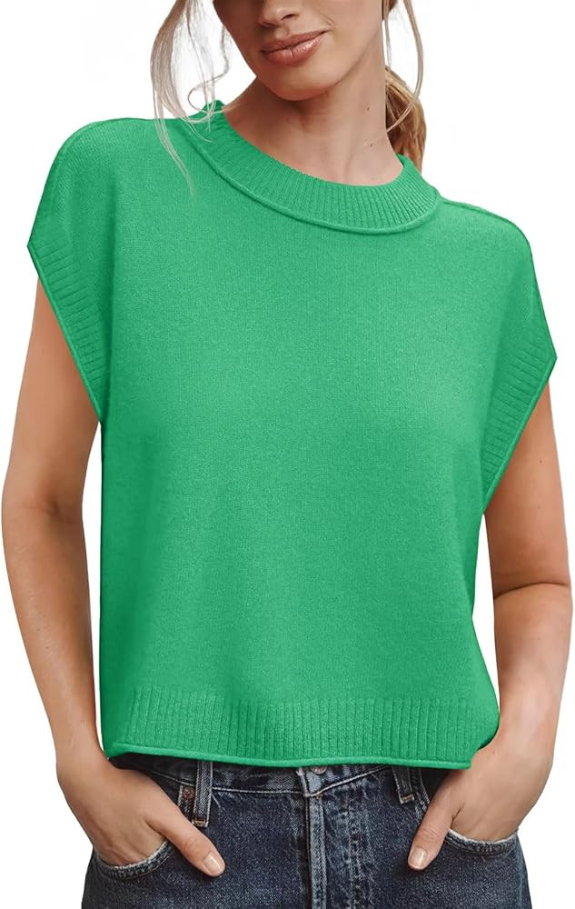 Saodimallsu Womens Cap Short Sleeve Sweater Vest Summer Casual Crew Neck Loose Knit Lightweight P... | Amazon (US)