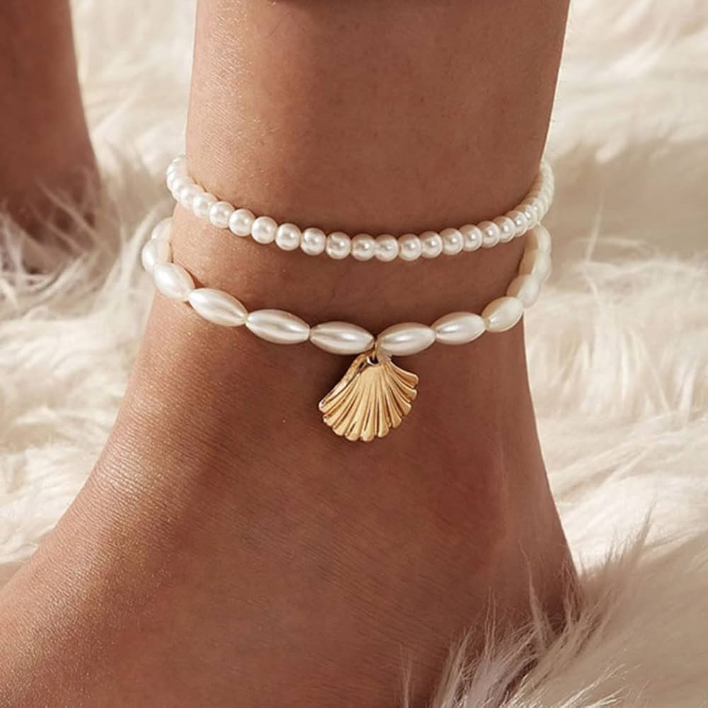 Shegirl Boho Pearl Anklets Bracelets Beaded Layered Ankles Bracelets Shell Pendant Foot Chain Jew... | Amazon (US)