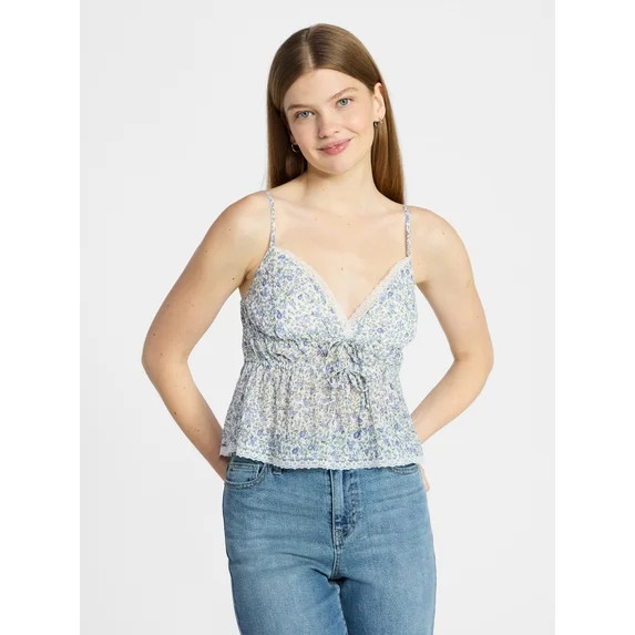 No Boundaries Tie Front Tank Top with Lace Trim, Women's XXS-XXXL | Walmart (US)