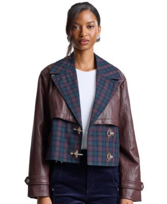 Avec Les Filles Women's Colorblocked Cropped Spread Collar Trench Jacket - Blue Plaid/burgundy Multi | Macy's