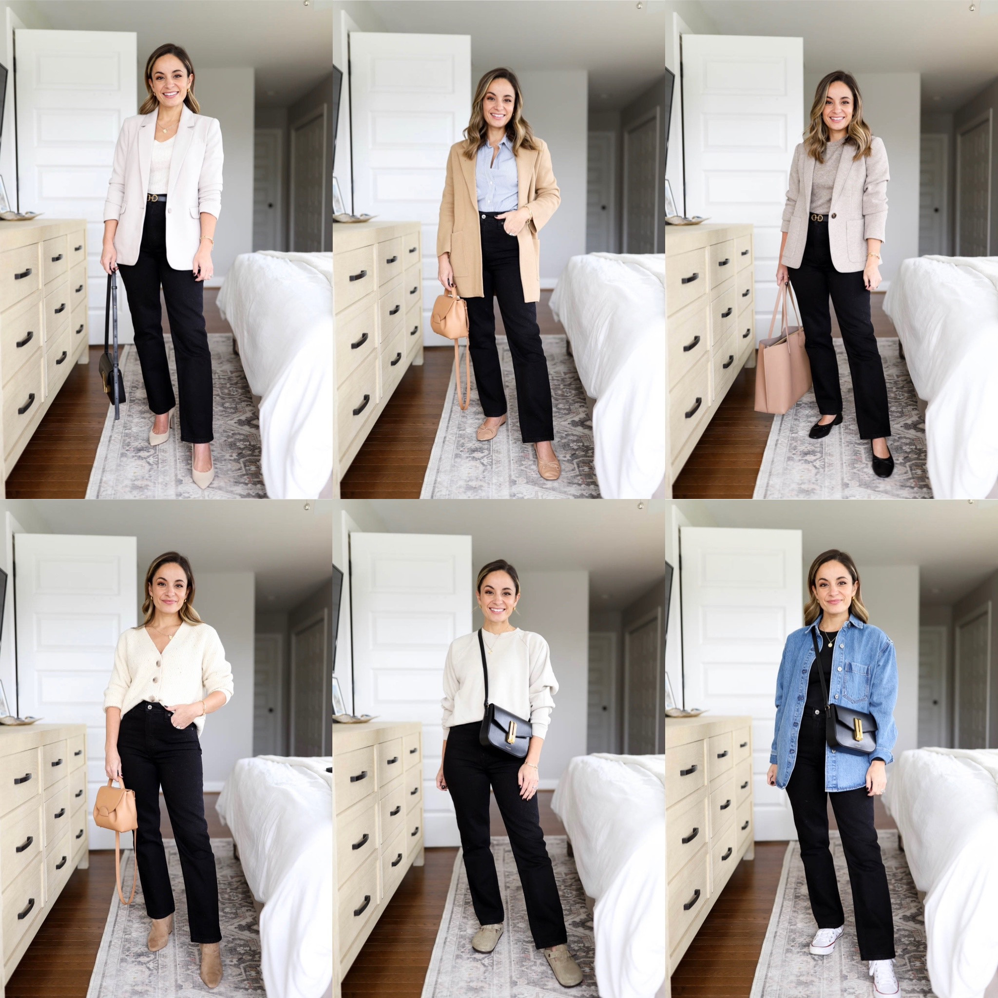 Capsule series: Six ways to wear black jeans

Jeans: 24 extra short tts high rise, rigid denim 

Outfit 1: (top left) 
Abercrombie blazer: petite xxs (runs large for Abercrombie) 
Target top: xs 
Edited pieces belt: xxs 
Sam Edelman pumps: tts 

Outfit 2: 
Quince sweater blazer: xs 
Quince striped top: xs 
Bag: (can’t link) polene un nano in textured tan 

Outfit 3: 
Ann Taylor blazer: petite xxs 
Abercrombie top: xs 
Shutz flats: tts 

Outfit 4: 
Old navy sweater: petite xs 
Marc fisher boots: tts 

Outfit 5: 
Tap sweatshirt: petite xs moonstone beige 

Outfit 5: 
Abercrombie denim shirt: xxs (oversized) 
J.crew t-shirt: xs 


#LTKstyletip #LTKSeasonal