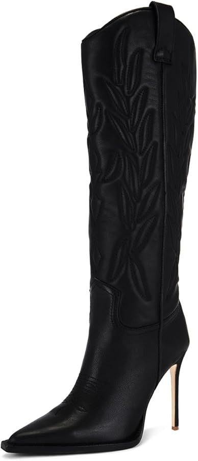 FOWT Women Pointed Toe Knee High Boots Embossing Stiletto High Heel Cowboy Boots Pull on Fashion ... | Amazon (US)