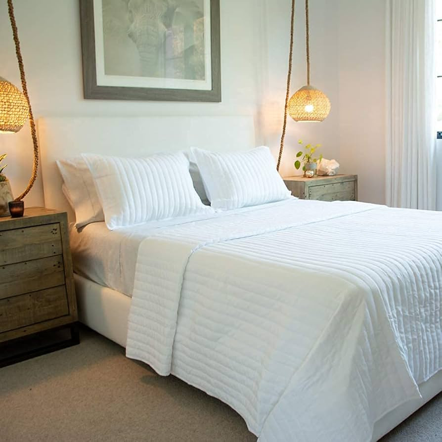 Jennifer Adams 3 Piece Vertical Stripes Quilted Blanket and Sham Set (White, King/California King... | Amazon (US)