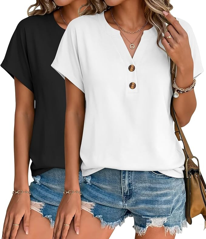 2 Pack Womens T Shirts V Neck Short Sleeve Henley Tops Work Business Casual Blouses Summer Dressy... | Amazon (US)