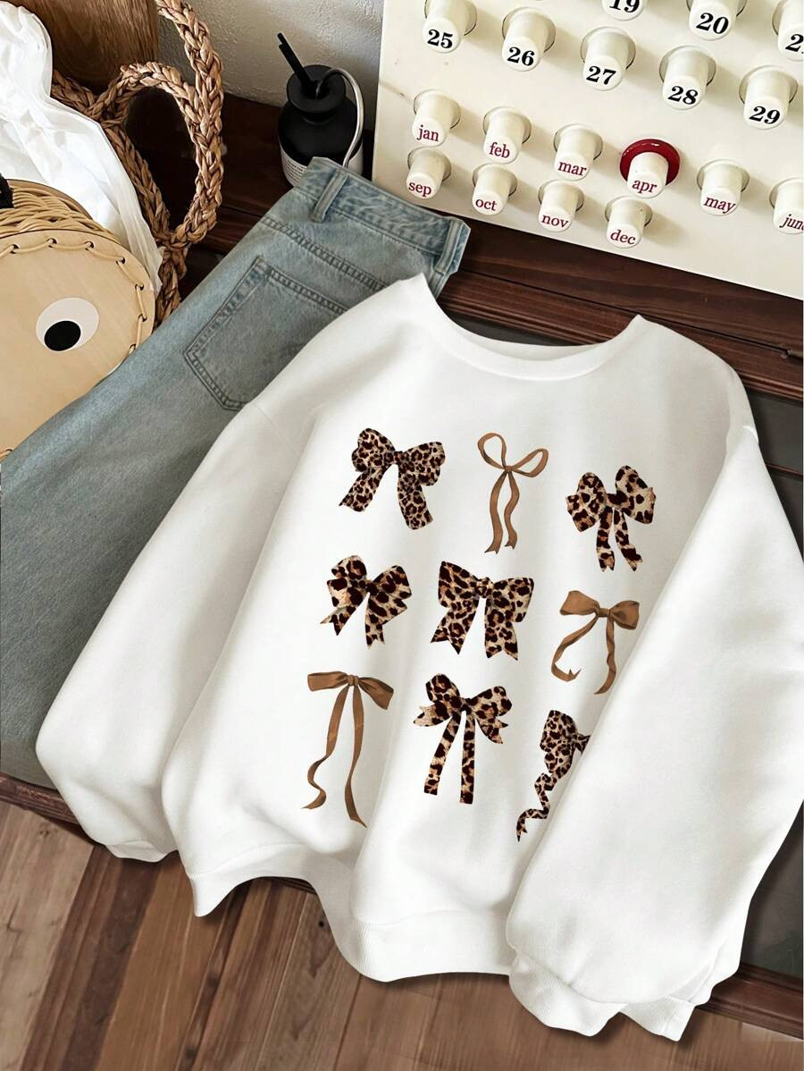 SHEIN Fashionable Leopard Print Bow Pattern, Tween Girls Casual Loose Fit Thick Crew Neck Long Sl... | SHEIN