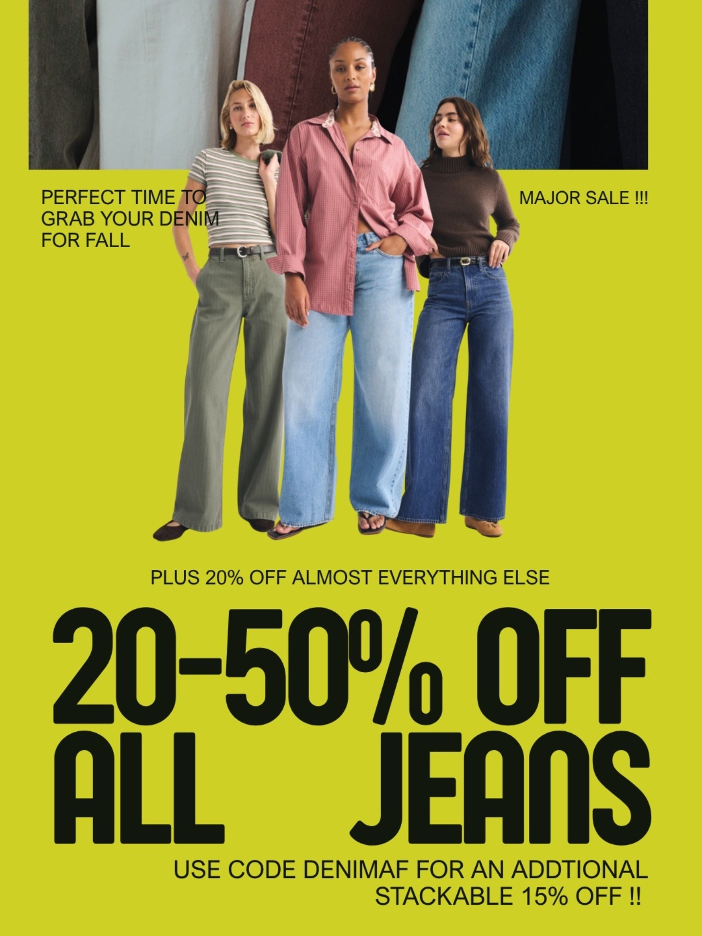 25-50% off all denim !! + DENIMAF gets you a stackable 15% off! AND almost everything else on their site is up to 20% off !!! 

linking all of my favorites! my fave hands down is the curve love low rise ultra loose and the curve love high rise barrel !!!! 

i wear a 26R in @abercrombie denim and i am 5’4 and 125lbs!

#LTKgrwm #LTKdayinmylife #LTKmomlife