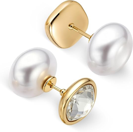 Detachable 2-in-1 Dangle Stud Earrings for Women, Gold Plated Vintage French Pearl Square Cubic Z... | Amazon (US)