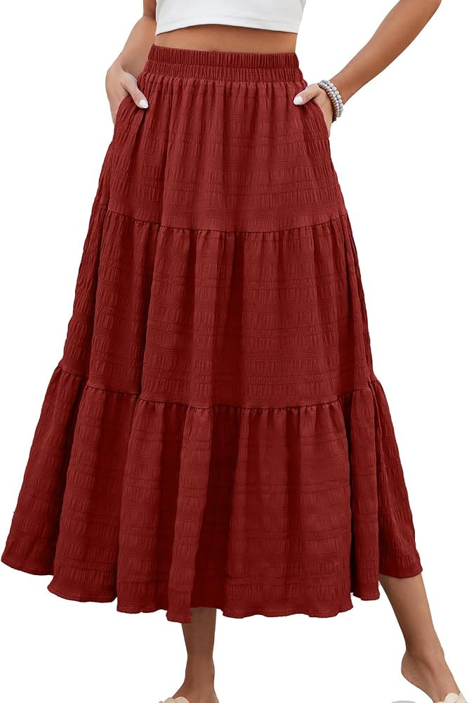 HUSKARY Women's Summer Casual Elegant Smock Layered Tiered Maxi Skirt High Waisted A Line Flowy L... | Amazon (US)