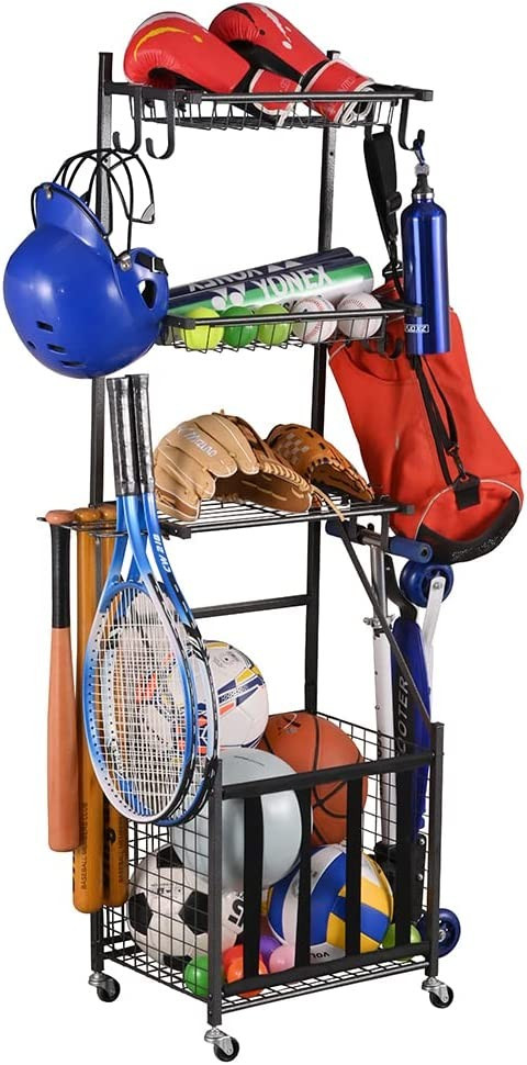 Snail 4-Tier Garage Sports Equipment Storage Organizer Sports Ball Storage Rolling Cart with Bask... | Amazon (US)