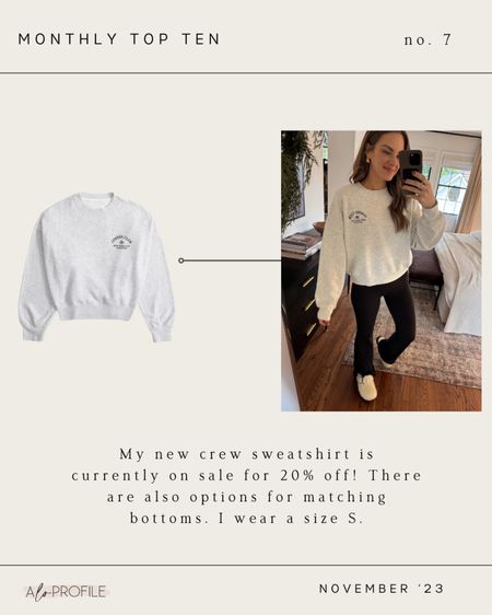 My new crew sweatshirt is
currently on sale for 20% off! There are also options for matching bottoms. 1 wear a size S.
