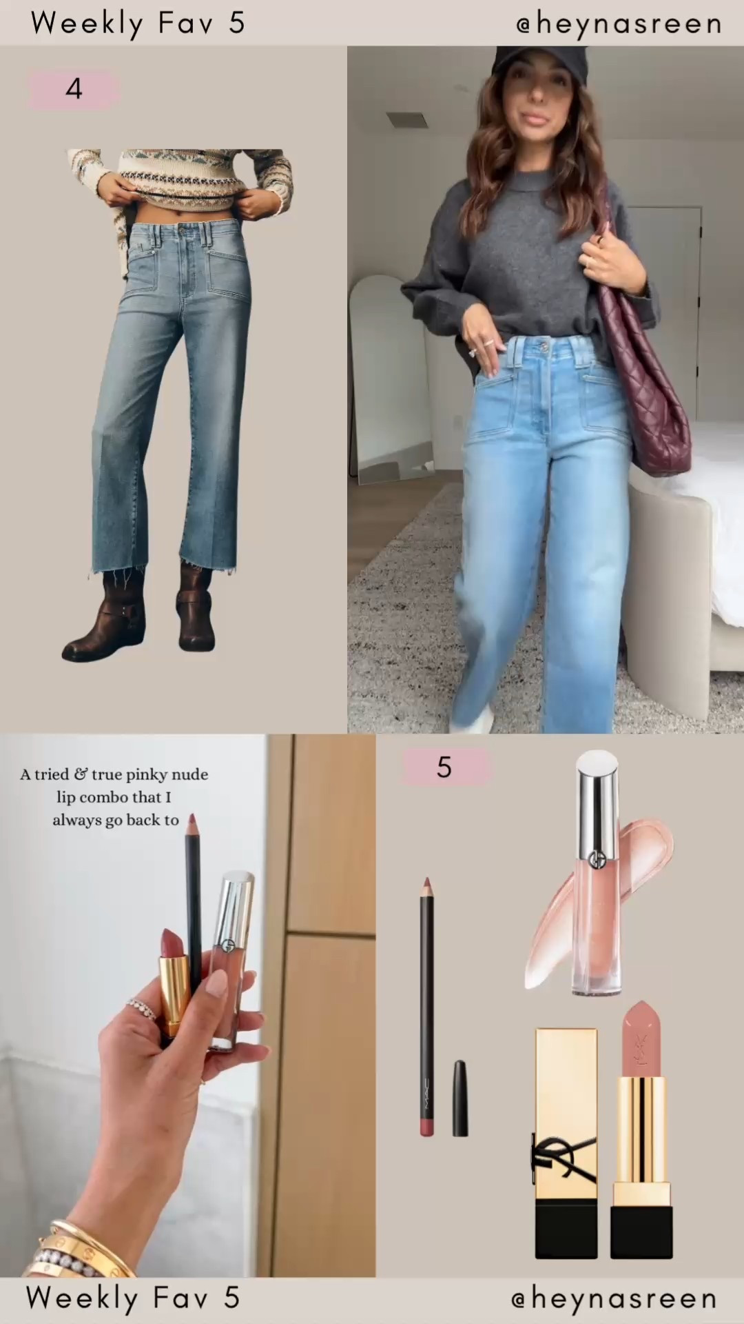 Fav 5:
#4: Wearing a size 24 in the jeans, love the fun pockets in the front.
#5: My updated nude lip combo that I’m loving!
Shades: 
Lip liner: soar
Lipstick: n3
Gloss: nude glow 

#LTKBeauty