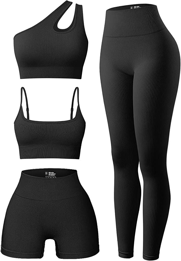 OQQ Women's 4 Piece Outfits Ribbed Exercise Scoop Neck Sports Bra One Shoulder Tops High Waist Sh... | Amazon (US)