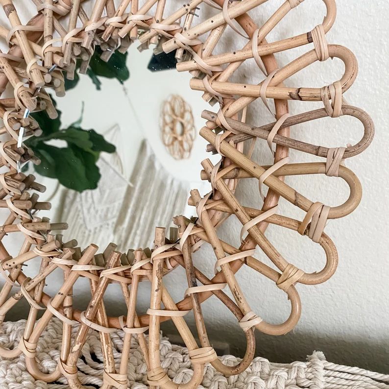 Rattan Mirror | Boho Wall Decor | Round Mirror | Hanging Wall Mirror | Sunflower Rattan Mirror | ... | Etsy (US)