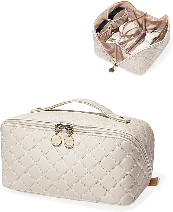 Travel Makeup Bag,Large Capacity Cosmetic Bags for Women,Waterproof Portable Pouch Open Flat Toil... | Amazon (US)