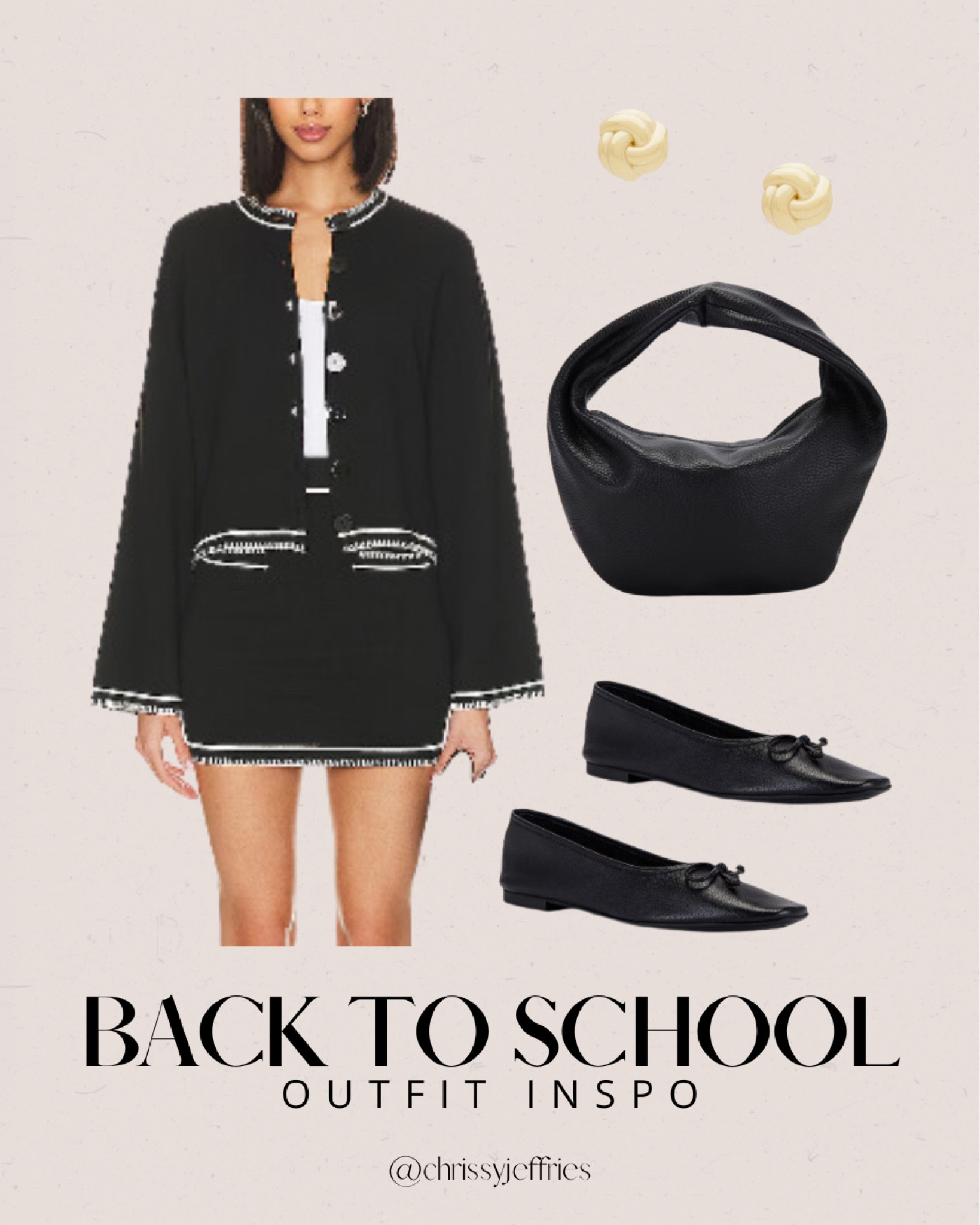 Make a sophisticated statement this school year with this elegant outfit. The black and white trim jacket paired with a black skirt creates a refined and polished look perfect for the classroom. Complement the ensemble with classic knot earrings, a chic black handbag, and stylish black flats. This outfit ensures you stay comfortable while exuding confidence and style throughout your school day. 

#BackToSchool #SophisticatedStyle #ClassroomChic #ElegantOutfit #SchoolFashion

#LTKworkwear