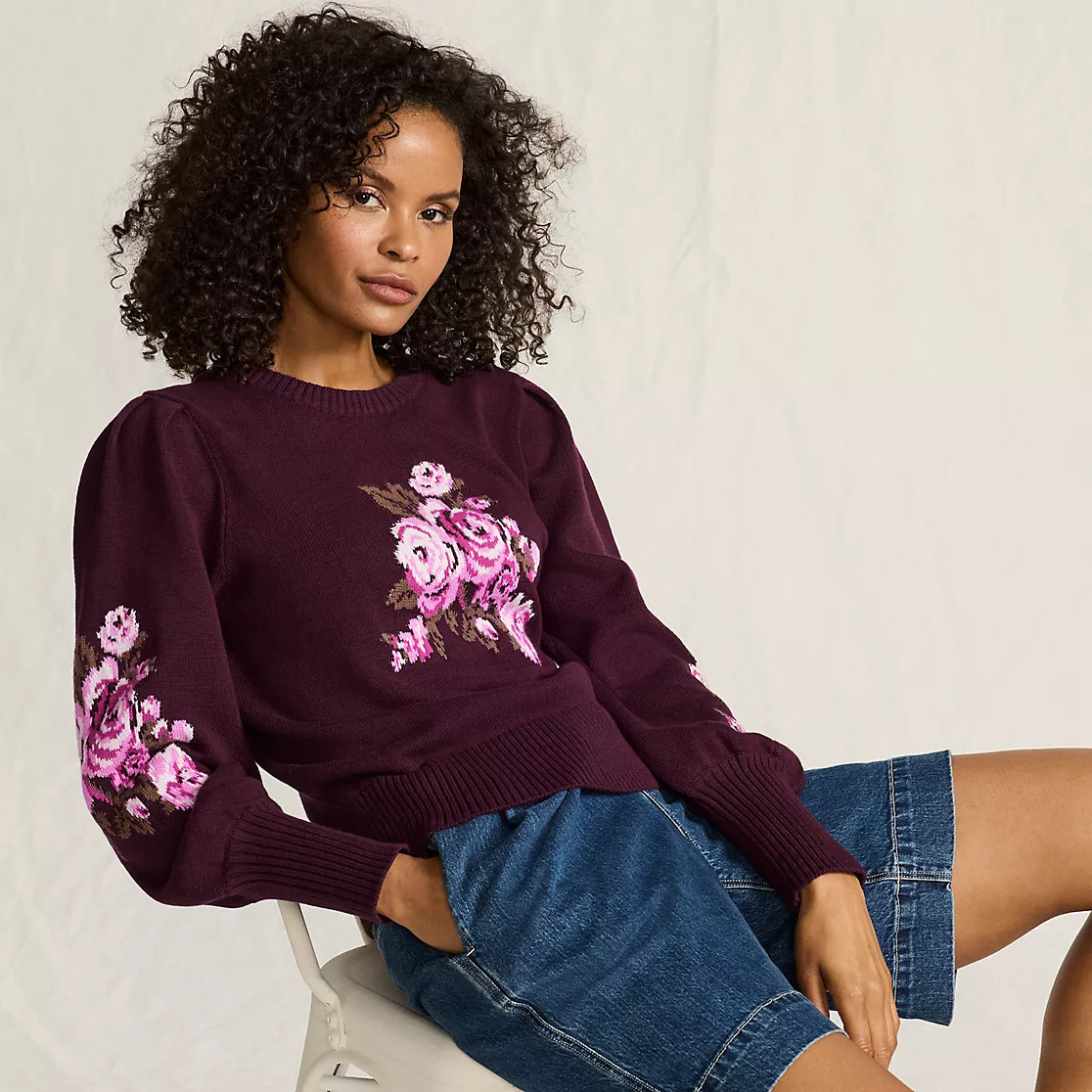 Women's Drifter Puff Sleeve Jacquard Crew Neck Sweater | Lands' End (US)