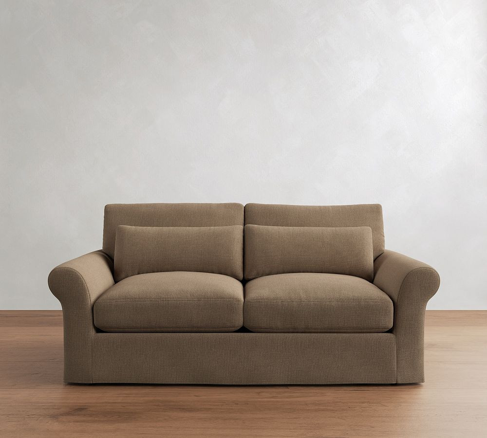 PB Comfort Modern Roll Arm Slipcovered Deep Seat Sofa 82" 2x2, Down Blend Wrapped Cushions, Performance Rustic Linen Walnut | Pottery Barn (US)