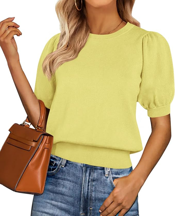 PRETTYGARDEN Womens Tops Spring 2025 Summer Puff Short Sleeve Sweater Crewneck Knit Work Blouses ... | Amazon (US)