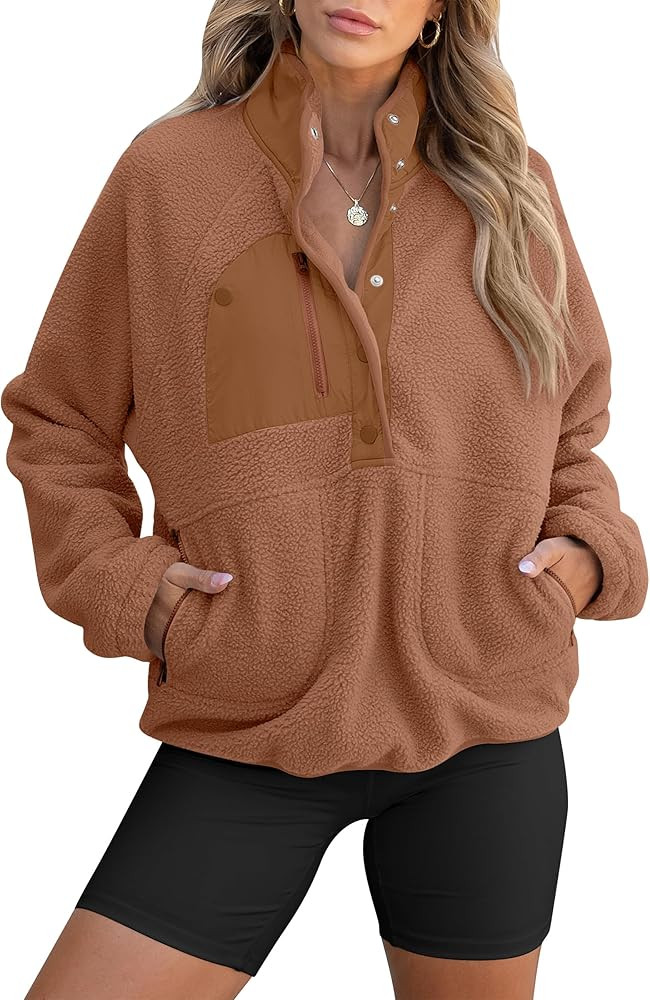 ANRABESS Women Fuzzy Fleece Pullover Sherpa Sweatshirt Long Sleeve Button Down Warm Soft Loose Sw... | Amazon (US)