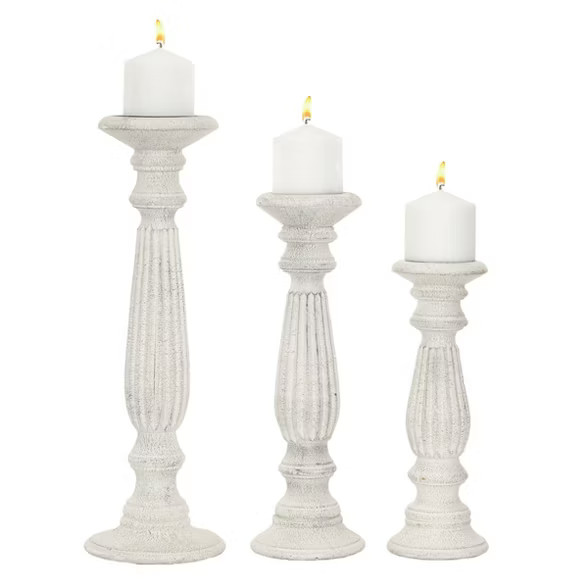 Set of 3 Traditional Wooden Pillar Candle Holders White - Olivia & May | Target