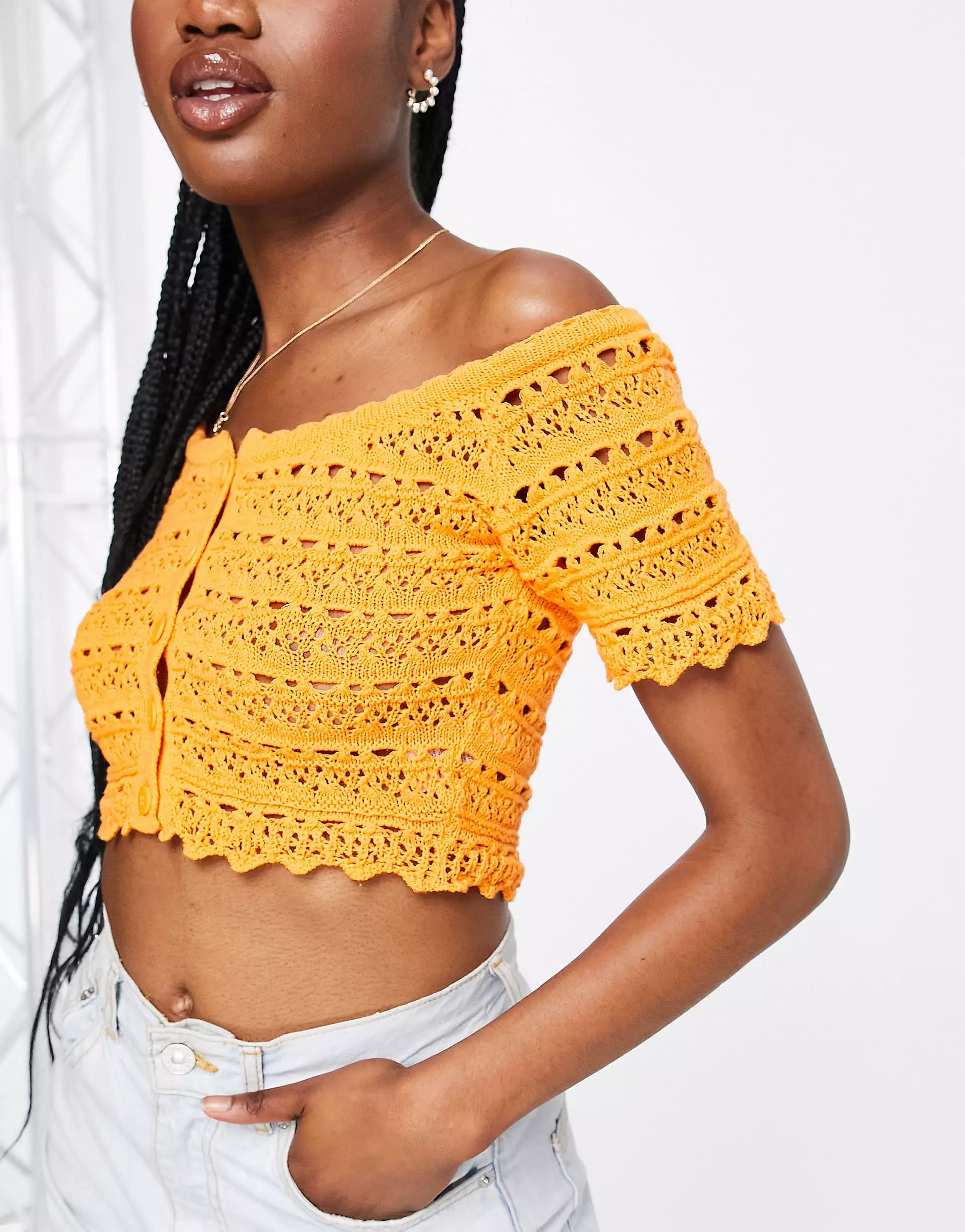 ASOS DESIGN crochet off shoulder beach top in orange | ASOS (Global)