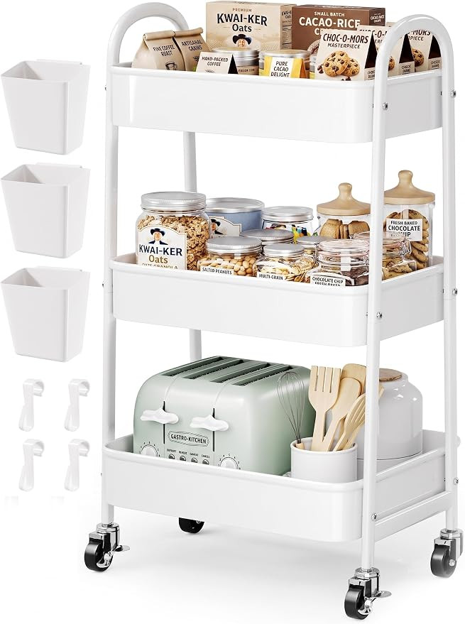 Heavy Duty 3 Tier Rolling Cart Metal with Wheels, White Three Tiered Craft Organizer on Wheels, U... | Amazon (US)