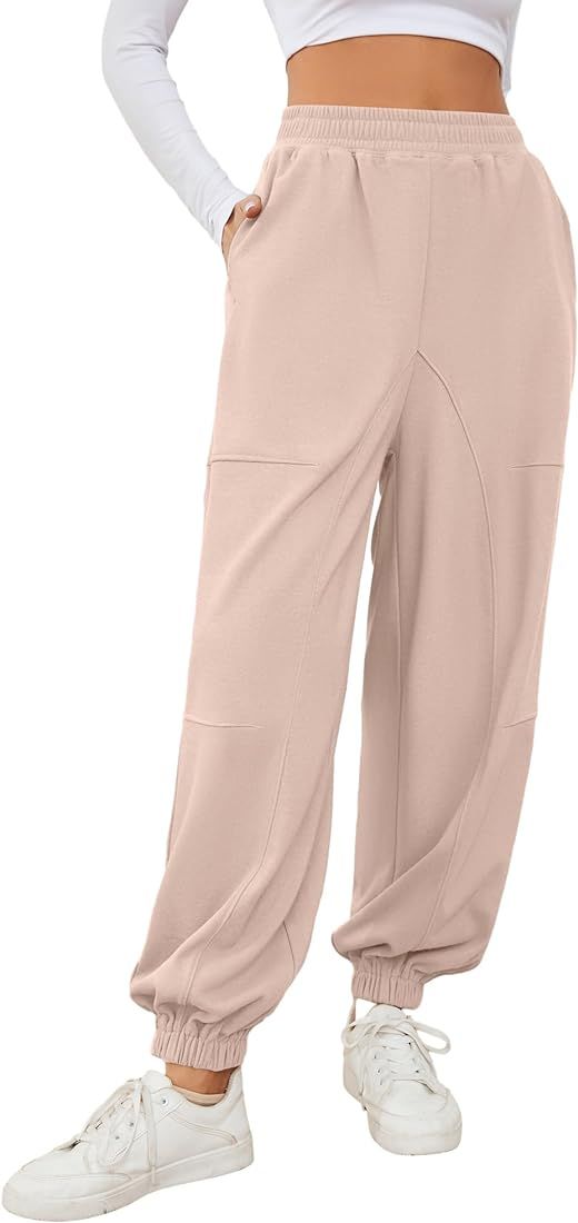 HUHOT Women's Casual Wide Leg Plus Size Sweatpants with Pockets High Waisted Joggers Lounge Pants | Amazon (US)