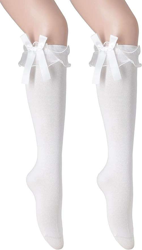 SRYL Women Girl's Cotton Knee High Socks with Lace Ruffle Trim Socks, Calf Socks Bow Style… | Amazon (US)