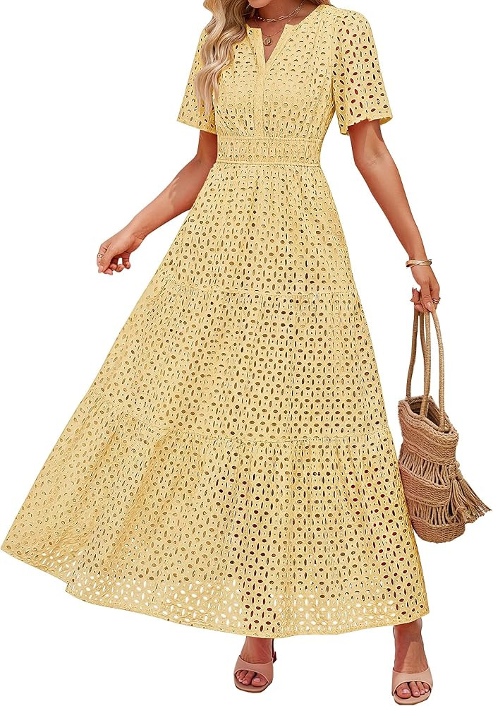 ZESICA Women's 2026 Summer Short Sleeve Maxi Dress Casual V Neck Hollow Out Eyelet Ruffle Swing A... | Amazon (US)
