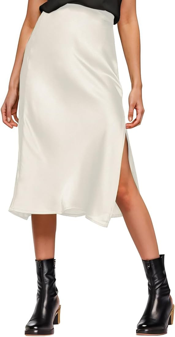 Womens Satin Silk High Waist Slit Midi Skirt Elastic Waistband Midi Skirts for Women | Amazon (US)