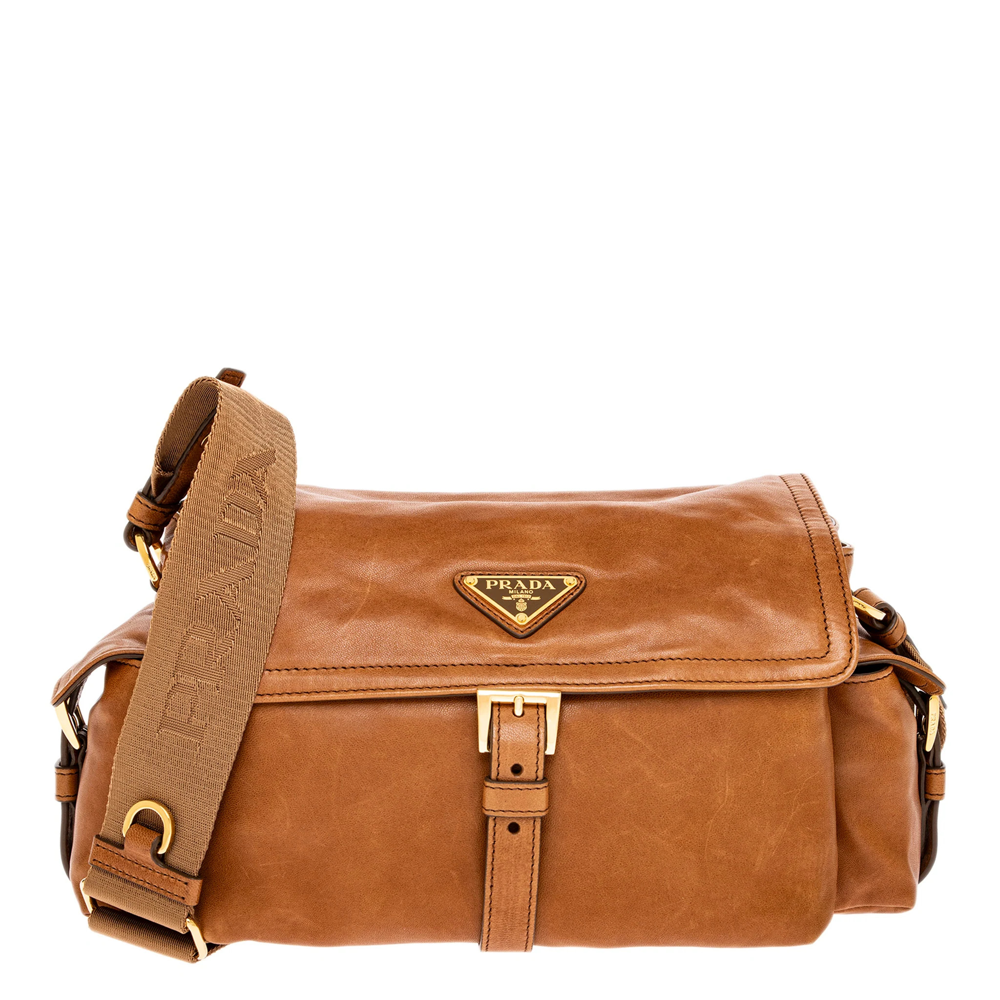 Prada Explore Medium Shoulder Bag in Vintage-Effect Lambskin - Caramel | Overstock