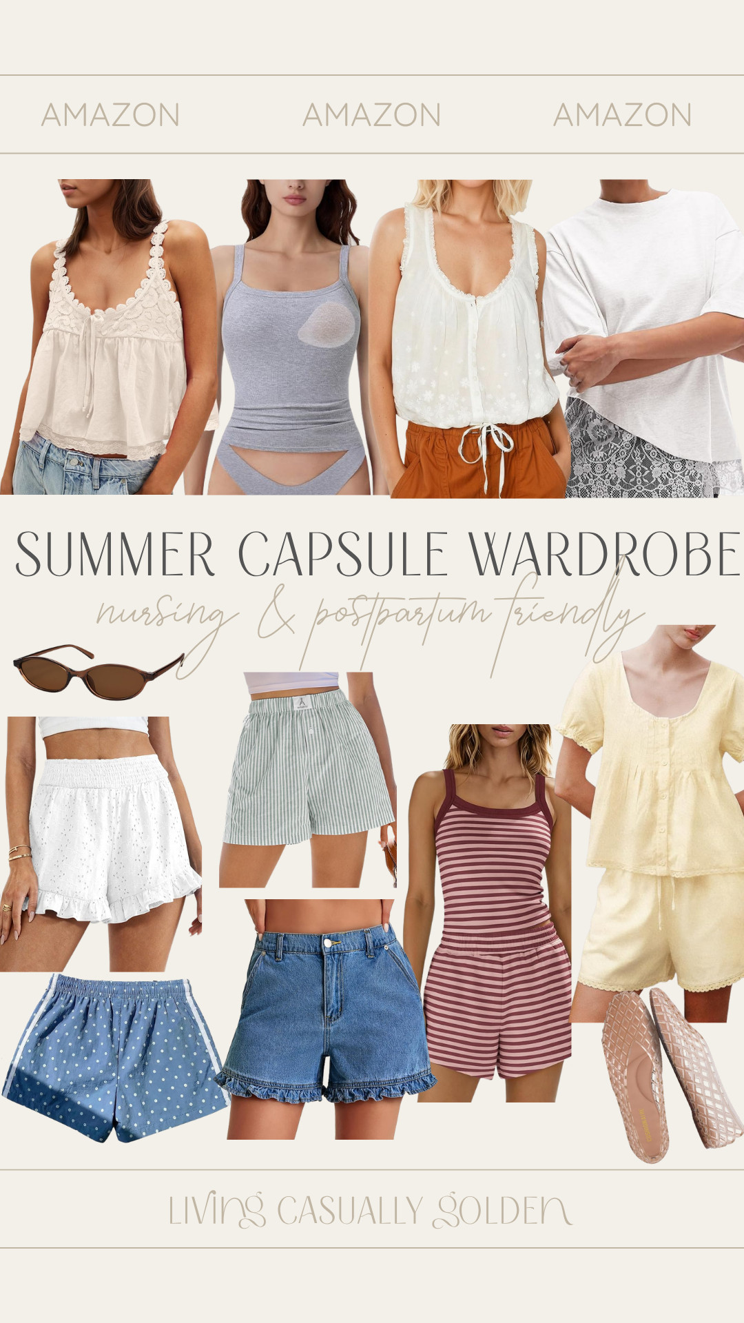 Summer capsule wardrobe! Everything nursing and postpartum friendly. Sizing: Small in everything, M boxer shorts + 2 in ruffle denim shorts 

 #LTKootd #LTKmomlife