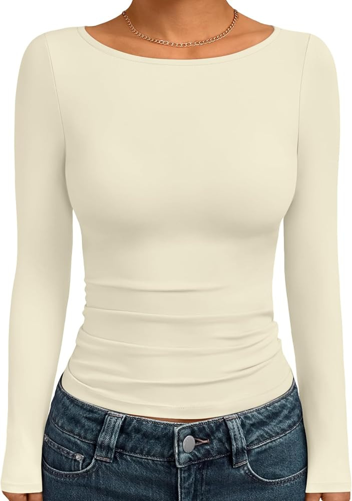 Trendy Queen Women's Boat Neck Tops Long Sleeve Shirts Casual Fitted Tee Shirts Solid Color Fall ... | Amazon (US)