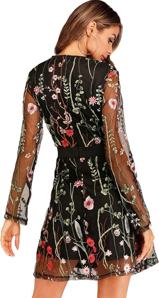 Milumia Women's Floral Embroidery Mesh Round Neck Tunic Party Dress Black Medium at Amazon Women... | Amazon (US)